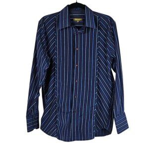 Vintage Roar Y2K Button Up Shirt M Spread Collar Navy Striped Fitted Casual‎